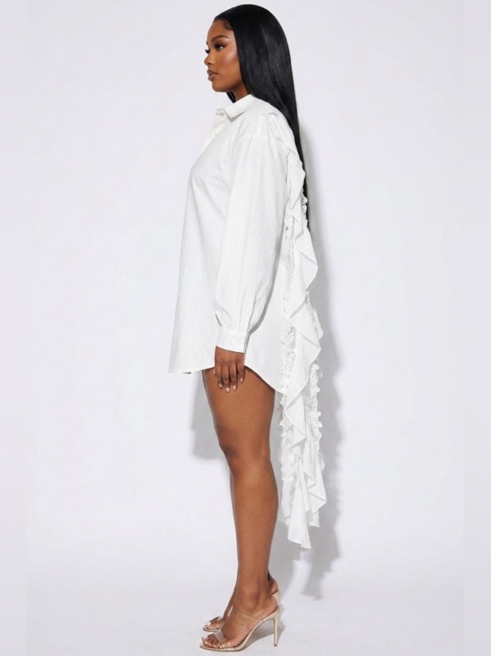 Women's White Ruffle-Back Button-Front Tunic Shirt - Picture 3 of 4